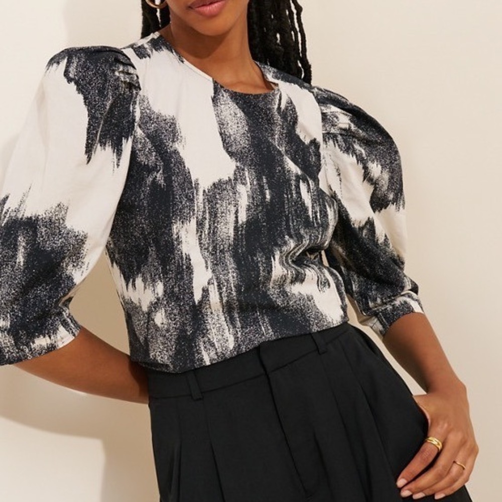 Just Female Blouse Women 38 Black White Abstract Puff Sleeve Scandi Minimalist - Picture 5 of 12